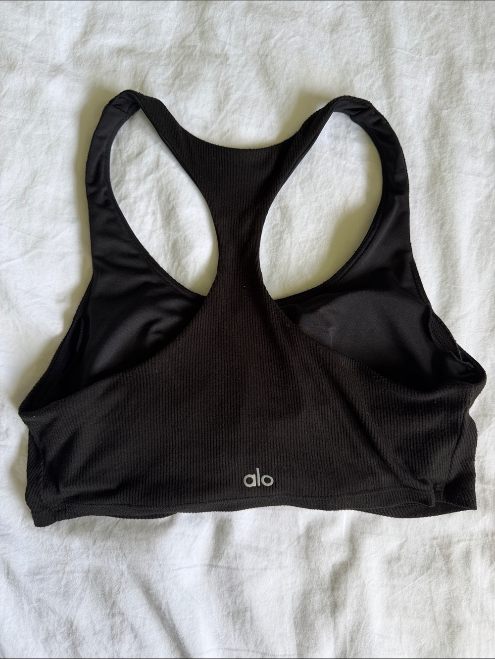 ALO Yoga Black Ribbed Knot-Front Racerback Sports Bra - Picture 3 of 3